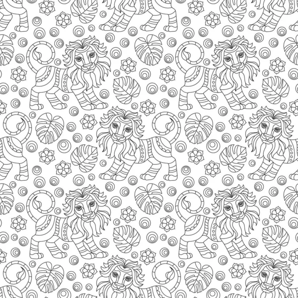 Nahtloses Muster mit Löwen, Konturtieren, Blüten und Blättern, dunklen Umrissen auf weißem Hintergrund — Stockvektor