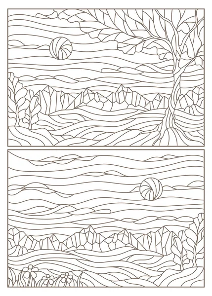 Set de ilustrații de contur de vitralii cu peisaje, contururi întunecate pe un fundal alb, orientare orizontală — Vector de stoc