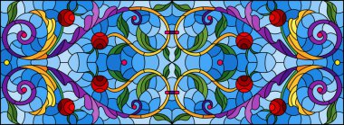 Mavi arka planda soyut girdaplar, çiçekler ve yapraklar ile boyalı cam tarzında resim, yatay yönelim