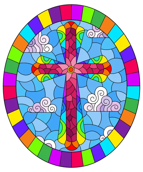 例证在彩色玻璃样式与明亮的十字架在蓝天和云彩的背景, 椭圆形图片在明亮的框架 — 图库矢量图片