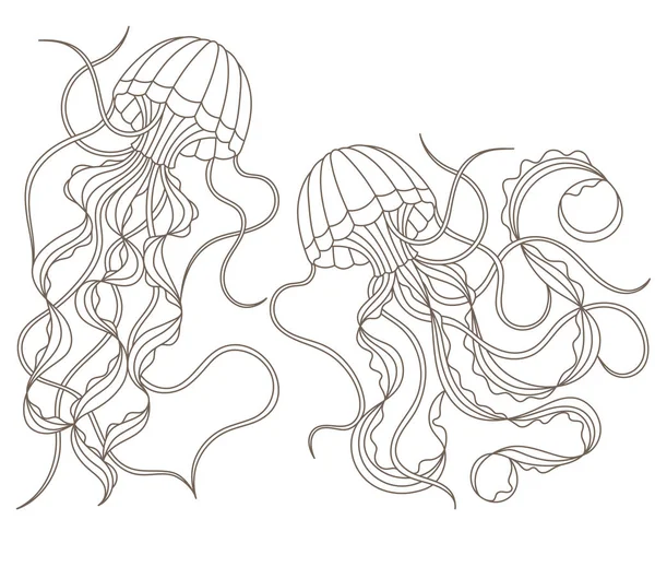 Набор иллюстраций в витражном стиле с контурной медузой, темные контуры изолированы на белом фоне — стоковый вектор