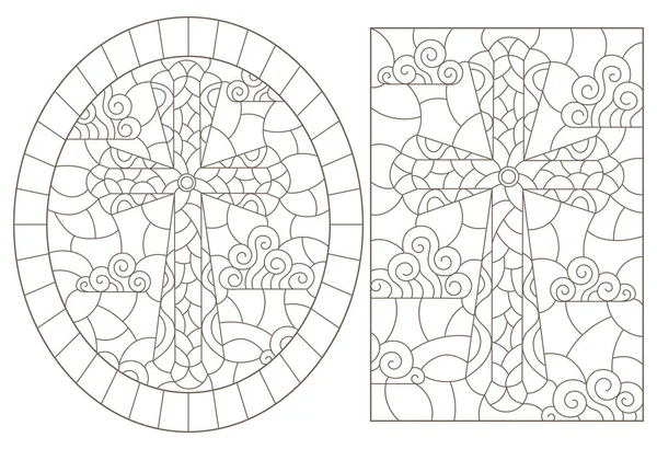 Un conjunto de ilustraciones de contorno en estilo vidriera con cruces cristianas sobre un fondo nublado, contornos oscuros sobre un fondo blanco — Archivo Imágenes Vectoriales