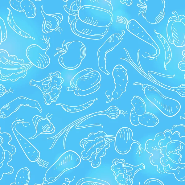 Sebze ve sağlıklı yiyecek temasında pürüzsüz desen, mavi arkaplanda ışık kontur simgeleri