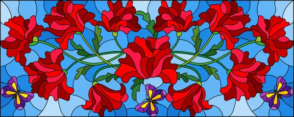 Illustratie in glas-in-lood stijl met bloemen, bladeren en knoppen van een papaverbloem op een blauwe achtergrond, horizontale oriëntatie — Stockvector