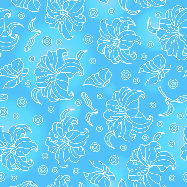 Patrón sin costuras con lirios y mariposas, flores contorneadas blancas y mariposas sobre fondo azul — Vector de stock