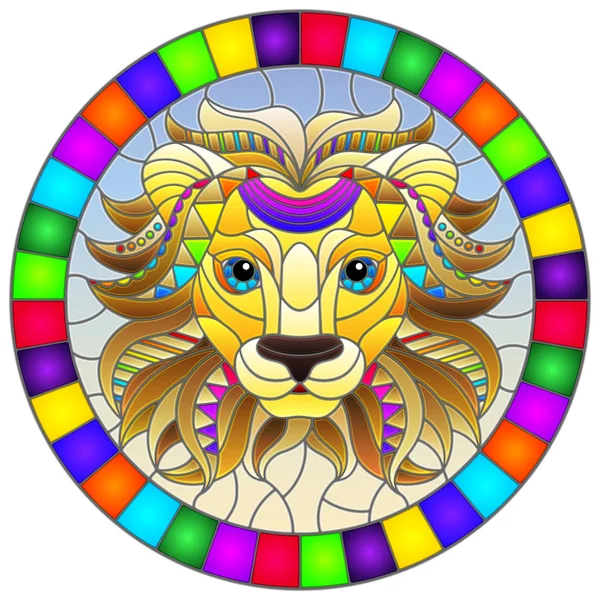 Ilustración en el estilo de vidrieras con cabeza de león arco iris abstracto sobre un fondo azul, imagen ovalada en marco brillante — Vector de stock