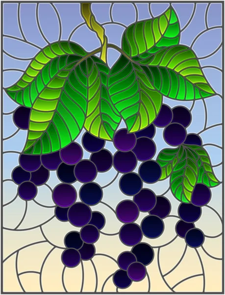 Ilustración en estilo vitral con grosellas negras, racimos de bayas maduras y hojas sobre fondo azul — Archivo Imágenes Vectoriales