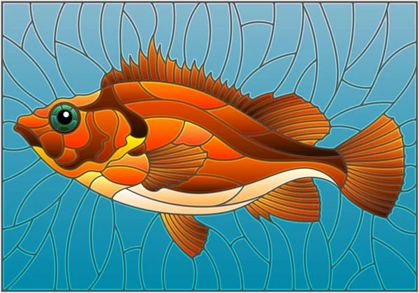 Ilustrasi dalam gaya kaca patri dengan bass laut merah abstrak pada latar belakang biru - Stok Vektor