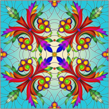 Boyalı cam tarzında resim, çiçek süsleri ve girdaplı ayna görüntüsü, kare resim.