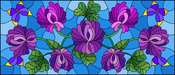 Ilustracja w witrażu z kwiatami koniczyny i motylami na niebieskim tle, orientacja pozioma — Wektor stockowy