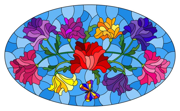 Ilustración en estilo vitral con arreglo floral de flores, flores coloridas y hojas sobre fondo azul, imagen ovalada — Vector de stock