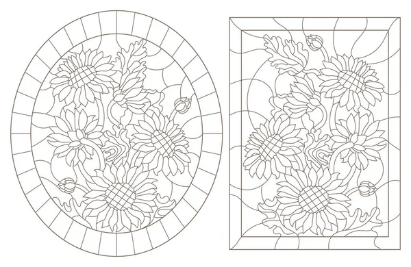 Una serie di illustrazioni di contorno di vetrate con girasoli in cornici, contorni scuri su sfondo bianco, immagine ovale e rettangolare — Vettoriale Stock