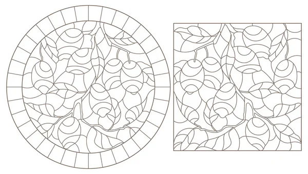 Σύνολο των εικονογραφήσεων περίγραμμα του βιτρό παράθυρα με λεμόνι φύλλα και κλαδιά φρούτα, στρογγυλά και ορθογώνια εικόνα — Διανυσματικό Αρχείο