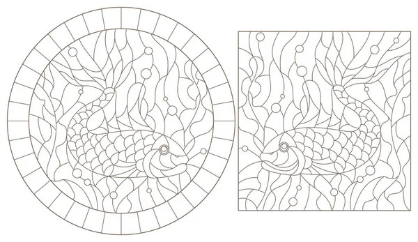 Egy sor kontúr illusztrációk ólomüveg ablakok aranyhal, sötét kontúrok fehér alapon — Stock Vector