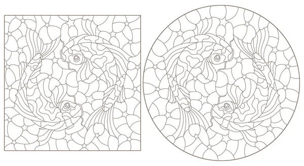 Conjunto de ilustraciones de contorno de vidrieras con carpa koi, contornos oscuros sobre fondo blanco — Archivo Imágenes Vectoriales
