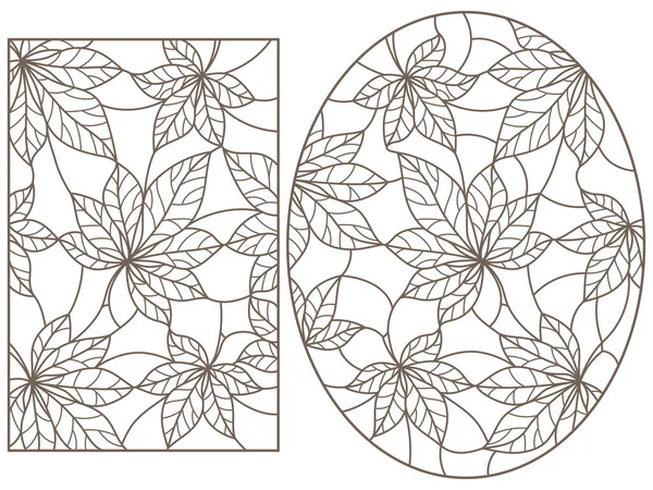 Zestaw ilustracji konturu witraży z abstrakcyjnym liściem kasztanowego tła, ciemne kontury na białym tle — Wektor stockowy