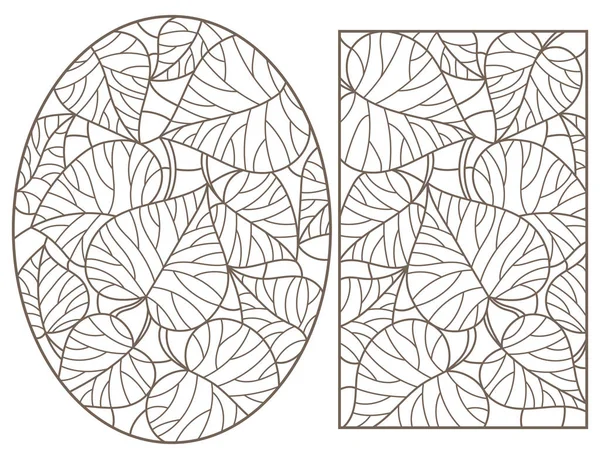 Set of contour illustrations of stained glass Windows with abstract leaf of trees, dark outlines on white background — 스톡 벡터