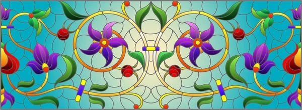 Illustratie in glas-in-lood stijl met abstracte wervelingen, bloemen en bladeren op een blauwe achtergrond, horizontale oriëntatie — Stockvector