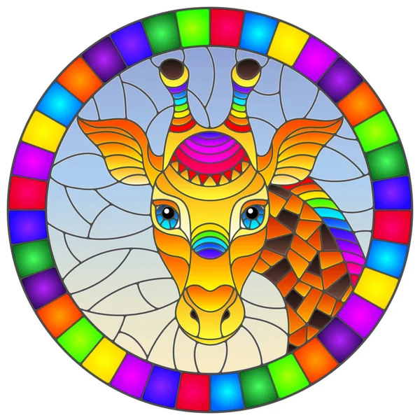 Illustration in the style of stained glass with abstract rainbow giraffe head on a blue background , oval image in bright frame — Stock Vector