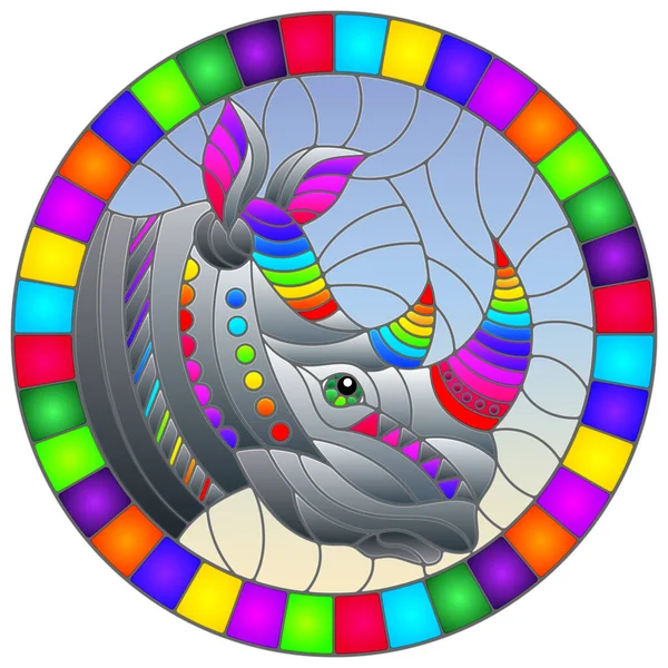 Ilustração no estilo de vitrais com cabeça de rinoceronte arco-íris abstrato em um fundo azul, imagem oval em quadro brilhante — Vetor de Stock