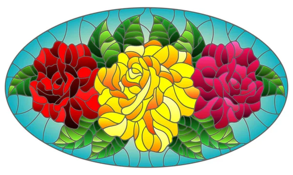 Illusztráció festett üveg stílusú virágok, rügyek és levelek rózsák a kék alapon, ovális kép — Stock Vector