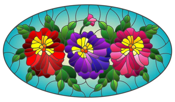 Ilustração em estilo vitral com flores, botões, folhas e flores de filhote de cachorro, imagem oval — Vetor de Stock