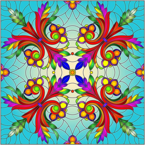 Illustratie in glas-in-lood stijl, spiegelbeeld met bloemen ornamenten en wervelingen, vierkante afbeelding — Stockvector