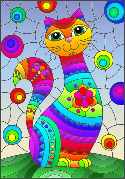Ilustración en estilo vidriera con gato arco iris lindo abstracto sobre un fondo azul — Vector de stock