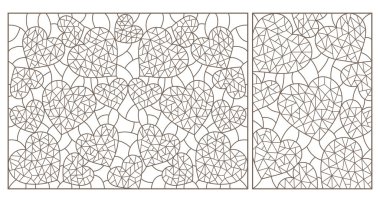 Set of contour illustrations of stained glass backgrounds with hearts, dark outlines on a white background