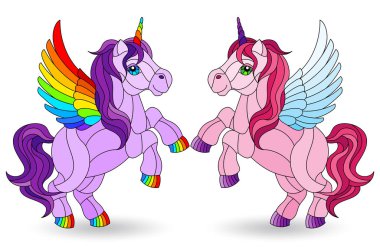 Illustration in stained glass style with a set of bright rainbow unicorns, isolated on a white background
