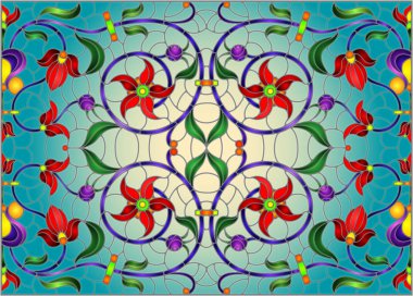 Soyut swirls stiliyle vitray gösterimde, kırmızı çiçekler ve yatay yönlendirme, sarı bir arka plan bırakır