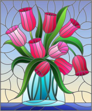 Renkli cam tarzında bir resim, durgun bir hayat, mavi arka planda cam bir kavanozda pembe laleler buketi