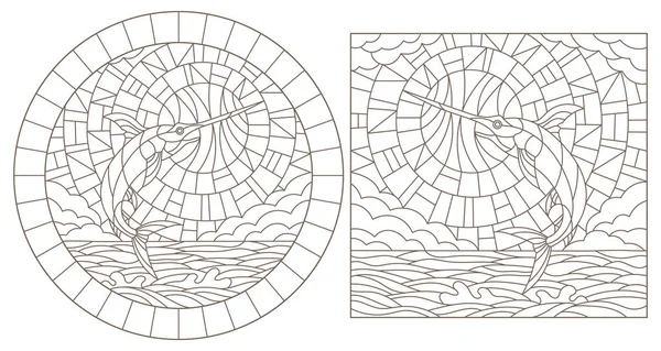 Set contour illustrations of stained glass with a fish swordfish on the sea background ,cloud, sky and sun — ストックベクタ