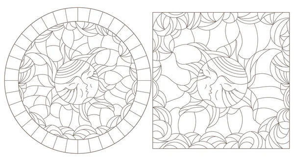 Conjunto de ilustraciones de contorno de vidrieras sol con la cara, la imagen redonda y cuadrada, contorno oscuro sobre un fondo blanco, aislar — Vector de stock