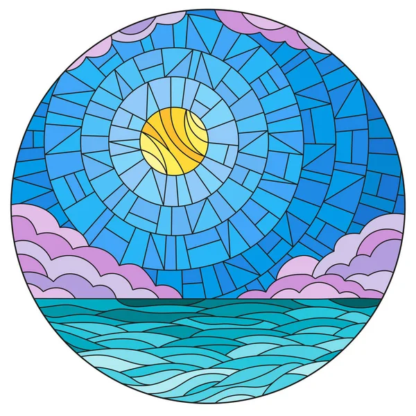 Illustration in stained glass style with sea landscape, sea, cloud, sky and sun, round image — 스톡 벡터