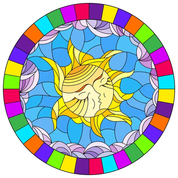 Illustrazione nello stile di una finestra di vetro colorato con sole astratto in cornice luminosa, immagine rotonda — Vettoriale Stock
