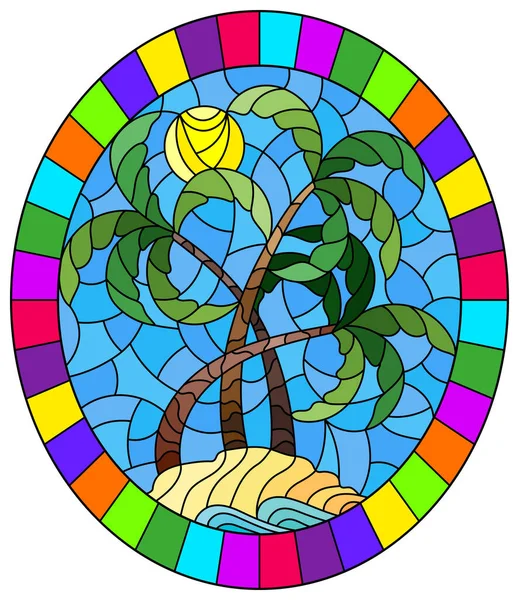 Illustration dans un style vitrail avec un paysage marin tropical, cocotiers sur la plage de sable fin sur le fond du ciel ensoleillé — Image vectorielle