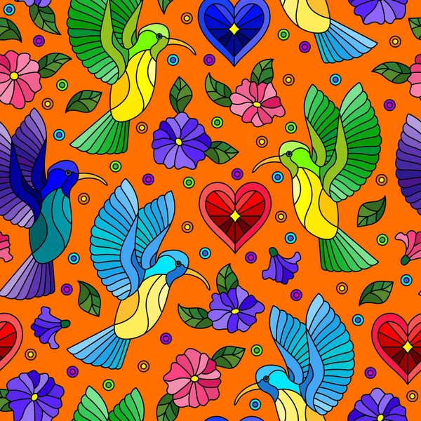 Nahtloses Muster mit hellen Kolibris und Blumen auf orangefarbenem Hintergrund — Stockvektor