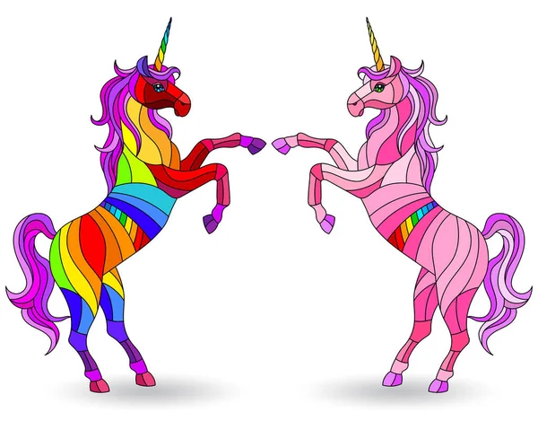 Ilustrasi dalam gaya kaca patri dengan satu set unicorn pelangi terang, terisolasi pada latar belakang putih - Stok Vektor