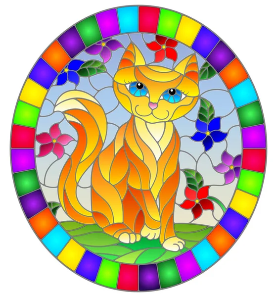 Ilustración en estilo vitral con un lindo gato rojo sobre un fondo de prados, flores brillantes y cielo, imagen ovalada en marco brillante — Vector de stock
