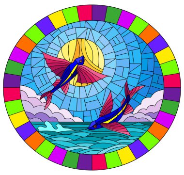 Illustration in stained glass style with a pair of flying fish on the background of water ,cloud, sky and sun, oval image in bright frame 