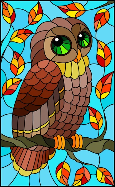 Illustration in stained glass style with fabulous  owl ,sitting on a  branches of an autum tree against the sky — 스톡 벡터