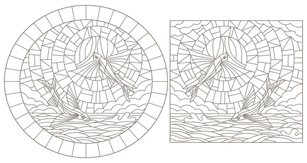 Conjunto de ilustraciones de vidrieras con peces voladores sobre el fondo marino, nubes, cielo y sol, contornos oscuros sobre fondo blanco — Archivo Imágenes Vectoriales