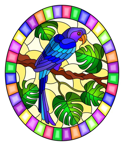 Ilustrace ve stylu barevného skla ptačí papoušek na větvi tropického stromu proti obloze, oválný obraz v jasném rámu — Stockový vektor