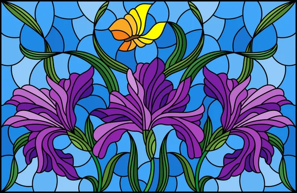 Ilustración en estilo vitral con un ramo de iris púrpura y mariposas amarillas sobre fondo azul — Archivo Imágenes Vectoriales