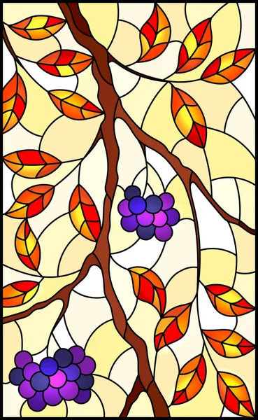 Illustration en vitrail avec une branche de myrtille noire, des grappes de baies et de feuilles contre le ciel, image verticale — Image vectorielle