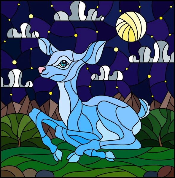 Ilustración en estilo vitral con un cervatillo azul abstracto sobre el fondo de prados verdes, cielo nocturno nublado y luna — Vector de stock