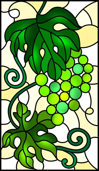 L'illustration en peinture de style vitrail avec un bouquet de raisins verts et feuilles sur un fond jaune — Image vectorielle