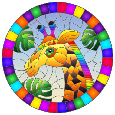 Soyut gökkuşağı zürafa başlıklı, yapraklı, oval çerçeveli, soyut gökkuşağı zürafa tarzında bir resim