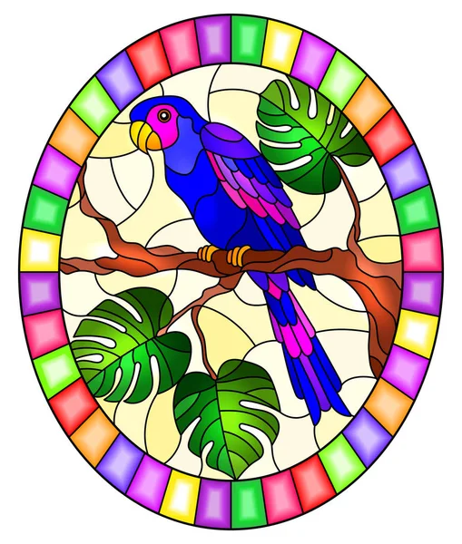 Ilustración en estilo vidriera pájaro periquito en rama árbol tropical contra el cielo, imagen ovalada en marco brillante — Vector de stock